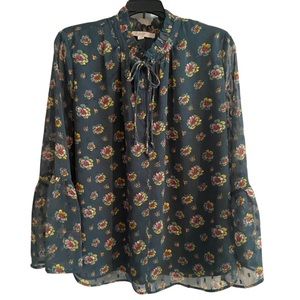 LOFT Aqua Green Floral Women’s Blouse Sheer w/Lining Sz Medium